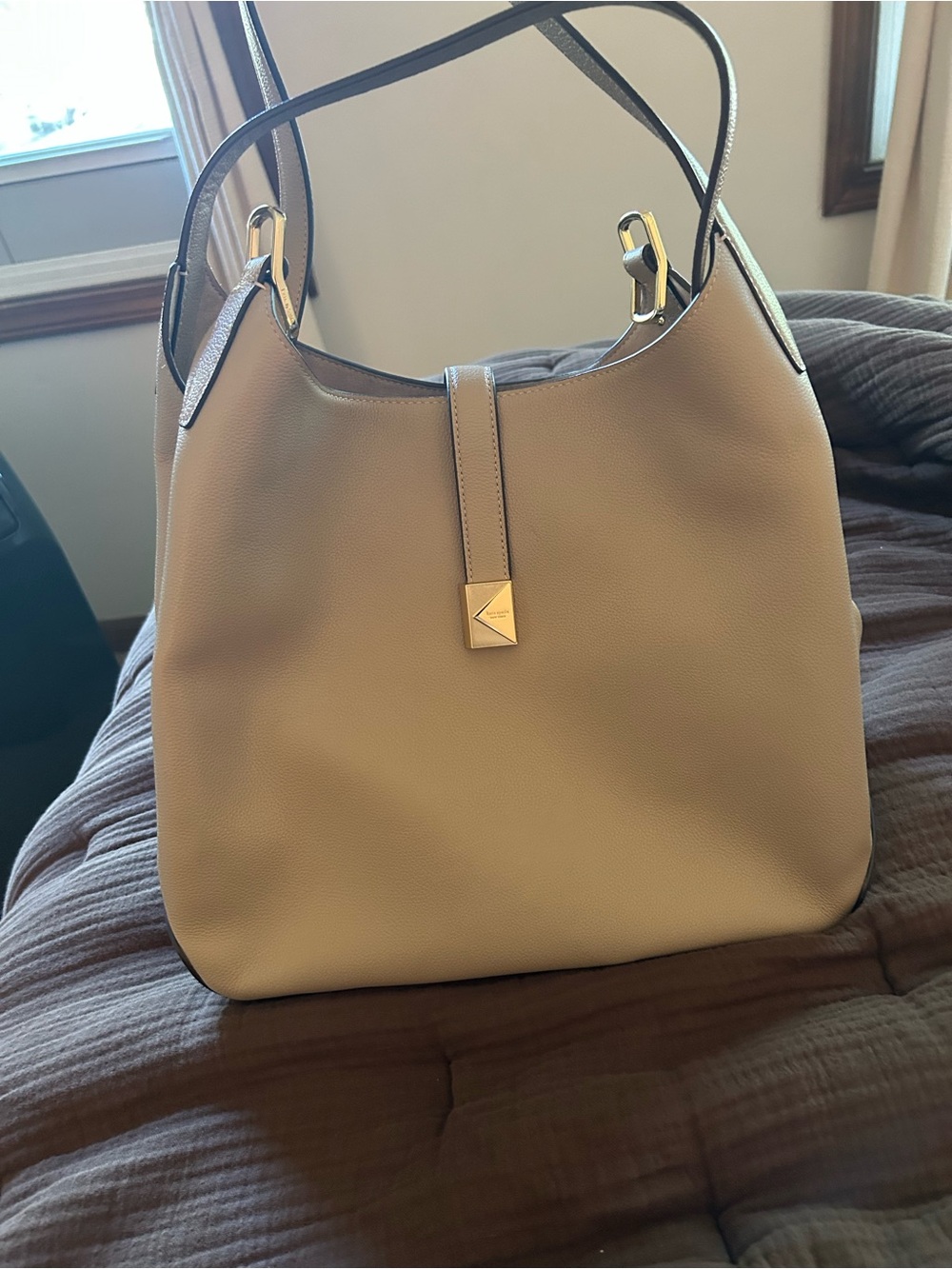 Kate Spade Taupe Pebbled Leather Shoulder Tote Bag with Gold Accents NWOT
